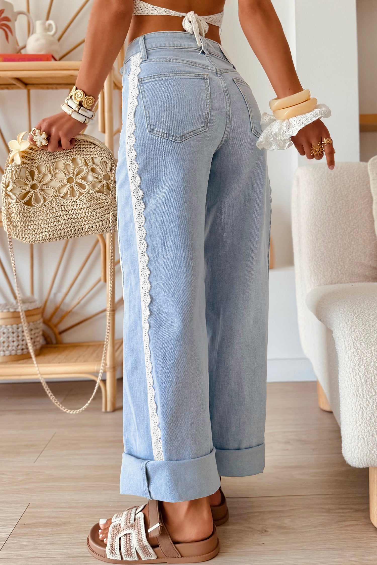 Coffee Lace Trim Casual Full-Length Regular Fit Jeans