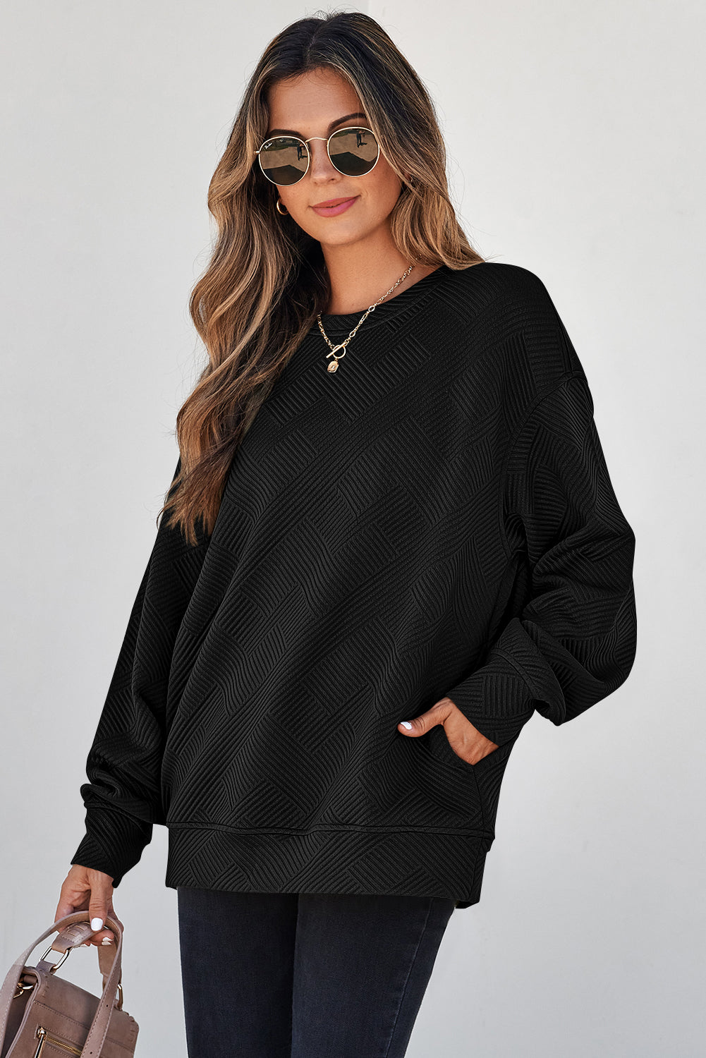 Coffee Solid Color Textured Round Neck Drop Shoulder Pullover Sweatshirt