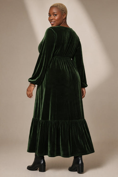 Blackish Green V Neck Long Sleeve Velvet Loose Fit Plus Size Dress