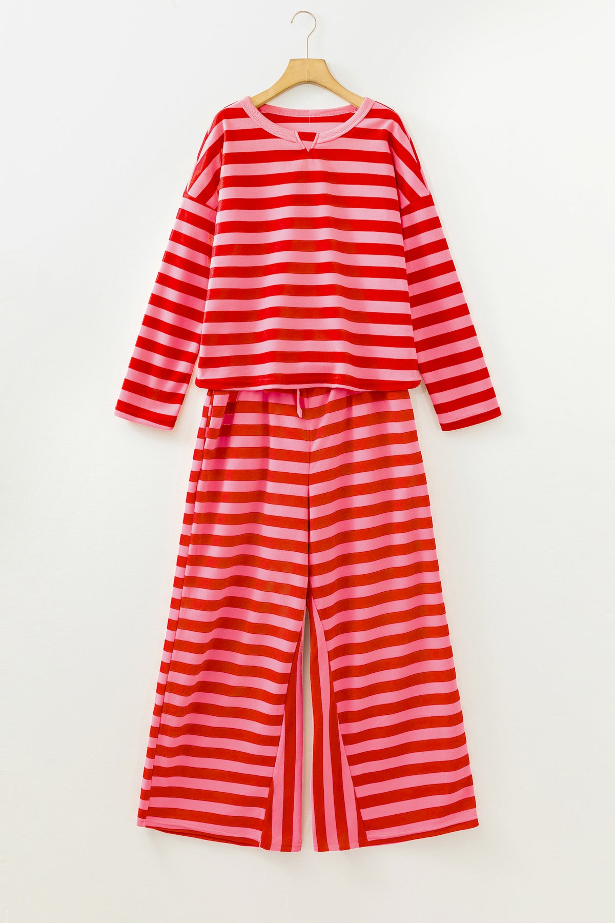 Red Stripe Two-Piece Drop Shoulder Pullover Loose Pants Set