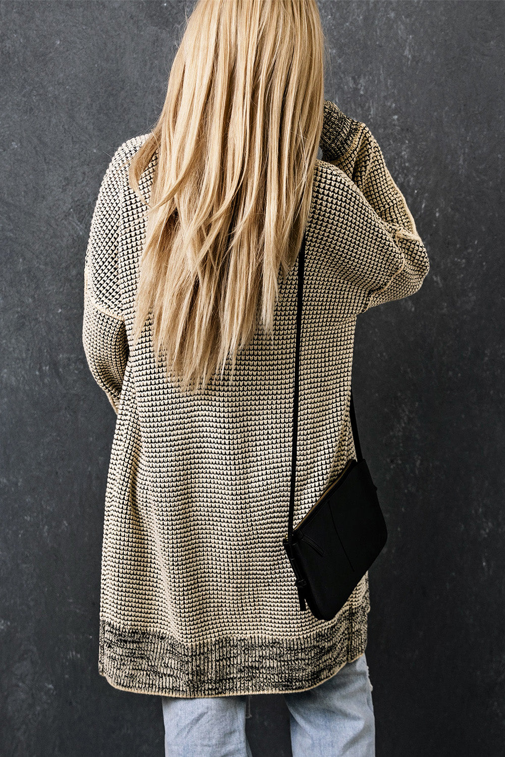 Gray Plaid Long Open Front Cardigan