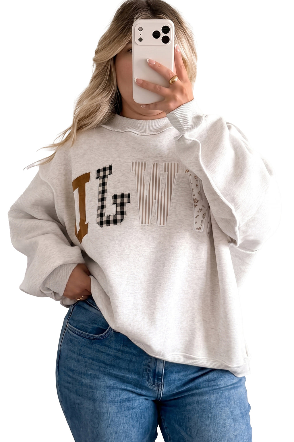 Gray WWJD Applique Exposed Seam Drop Shoulder Sweatshirt