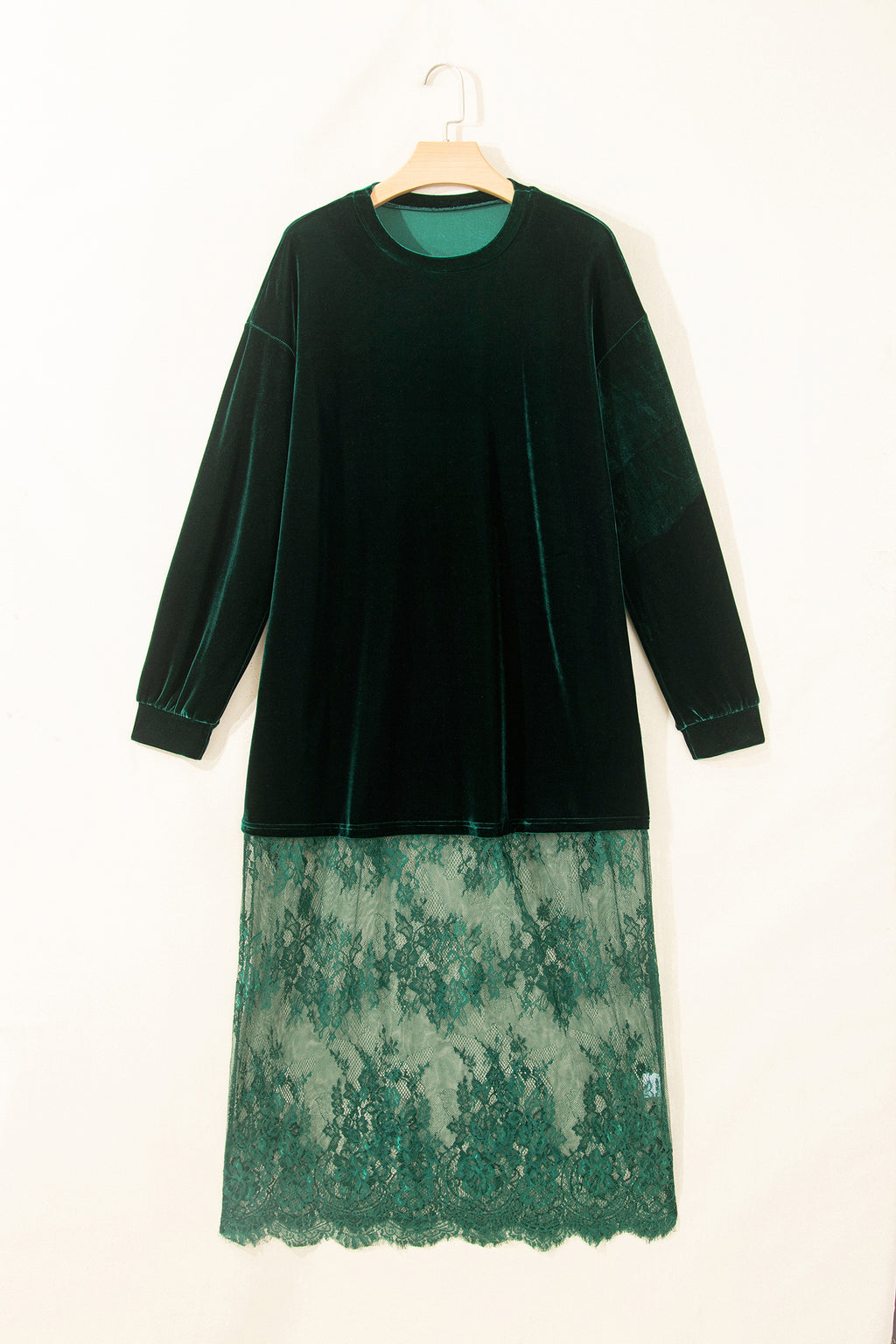 Black Velvet Long Sleeve Lace Splicing Hem Shift Maxi Dress