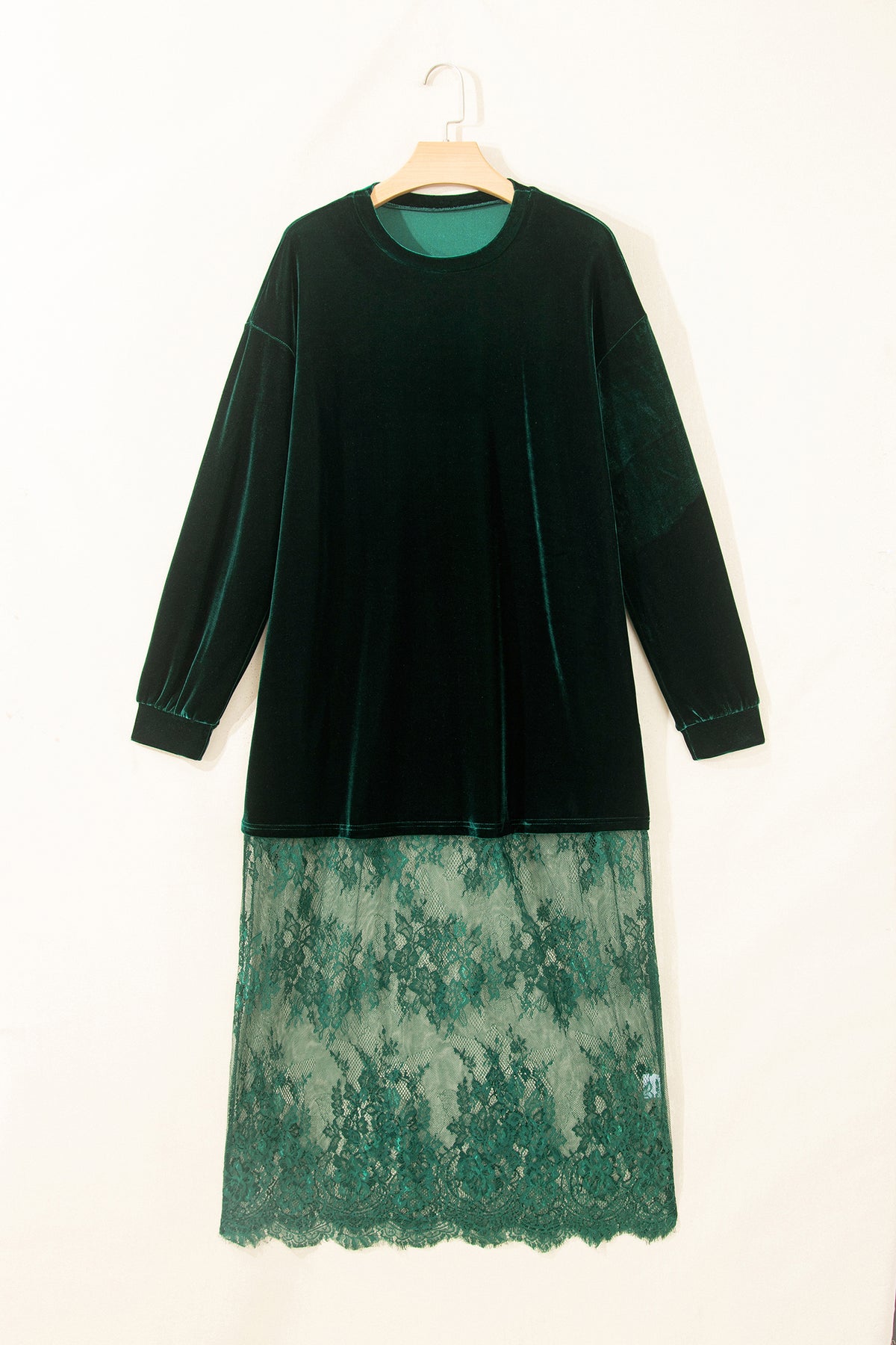Black Velvet Long Sleeve Lace Splicing Hem Shift Maxi Dress