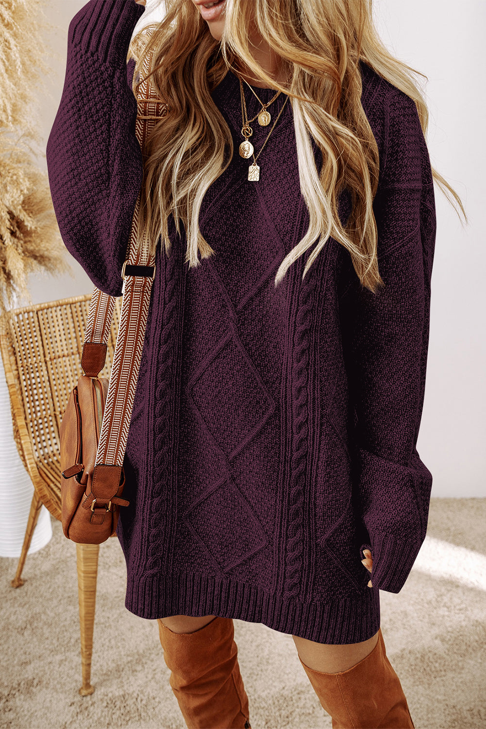 Burgundy Cable Knit Drop Shoulder Loose Fit Sweater Dress