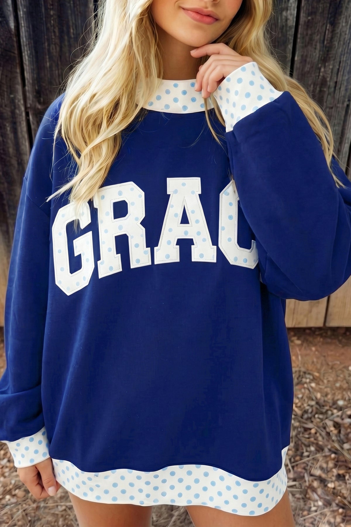Coffee Polka Dot Trim High Neck BLESSED Letter Graphic Baggy Sweatshirt