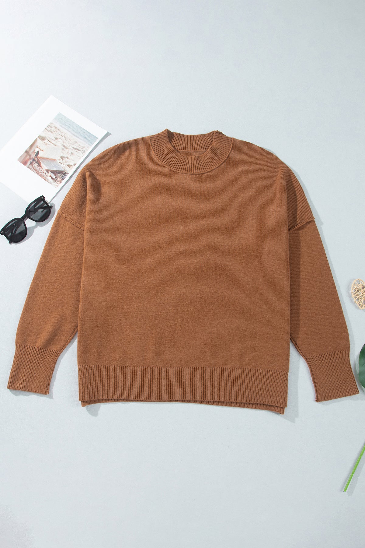 Chestnut Oversized Ribbed Knit Long Sleeve Sweater