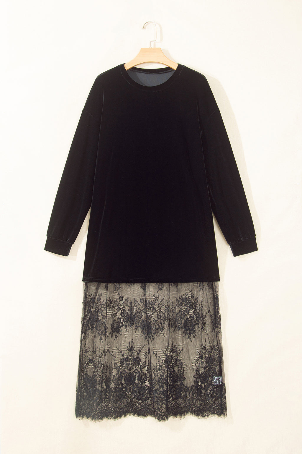 Black Velvet Long Sleeve Lace Splicing Hem Shift Maxi Dress