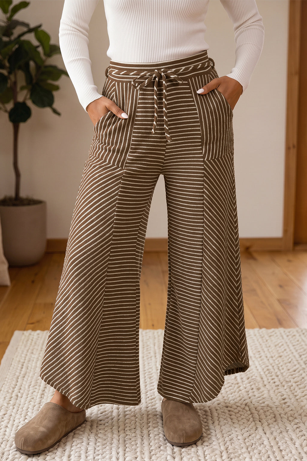 Khaki Stripe Patchwork Design Wide Leg Casual Pants