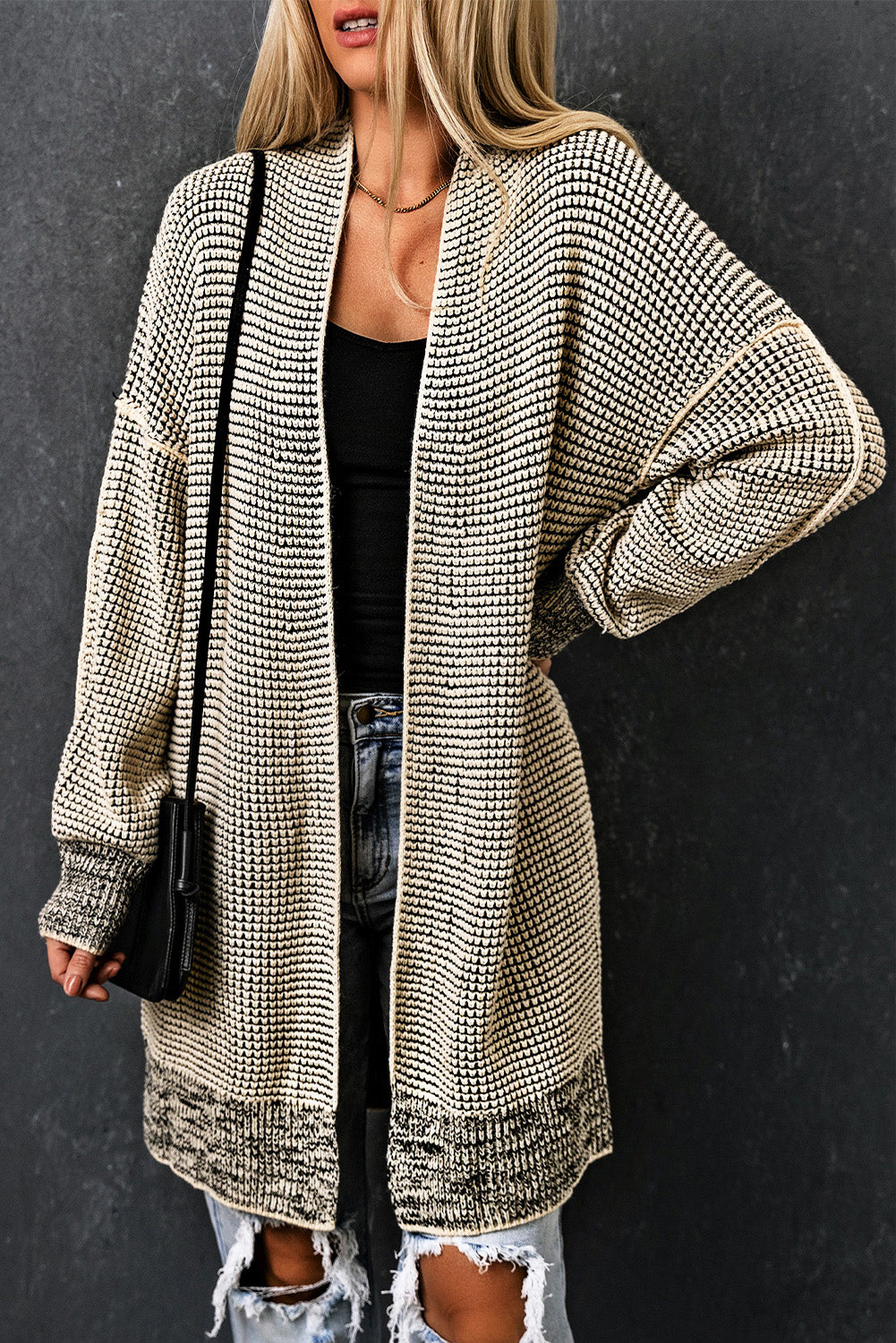 Gray Plaid Long Open Front Cardigan