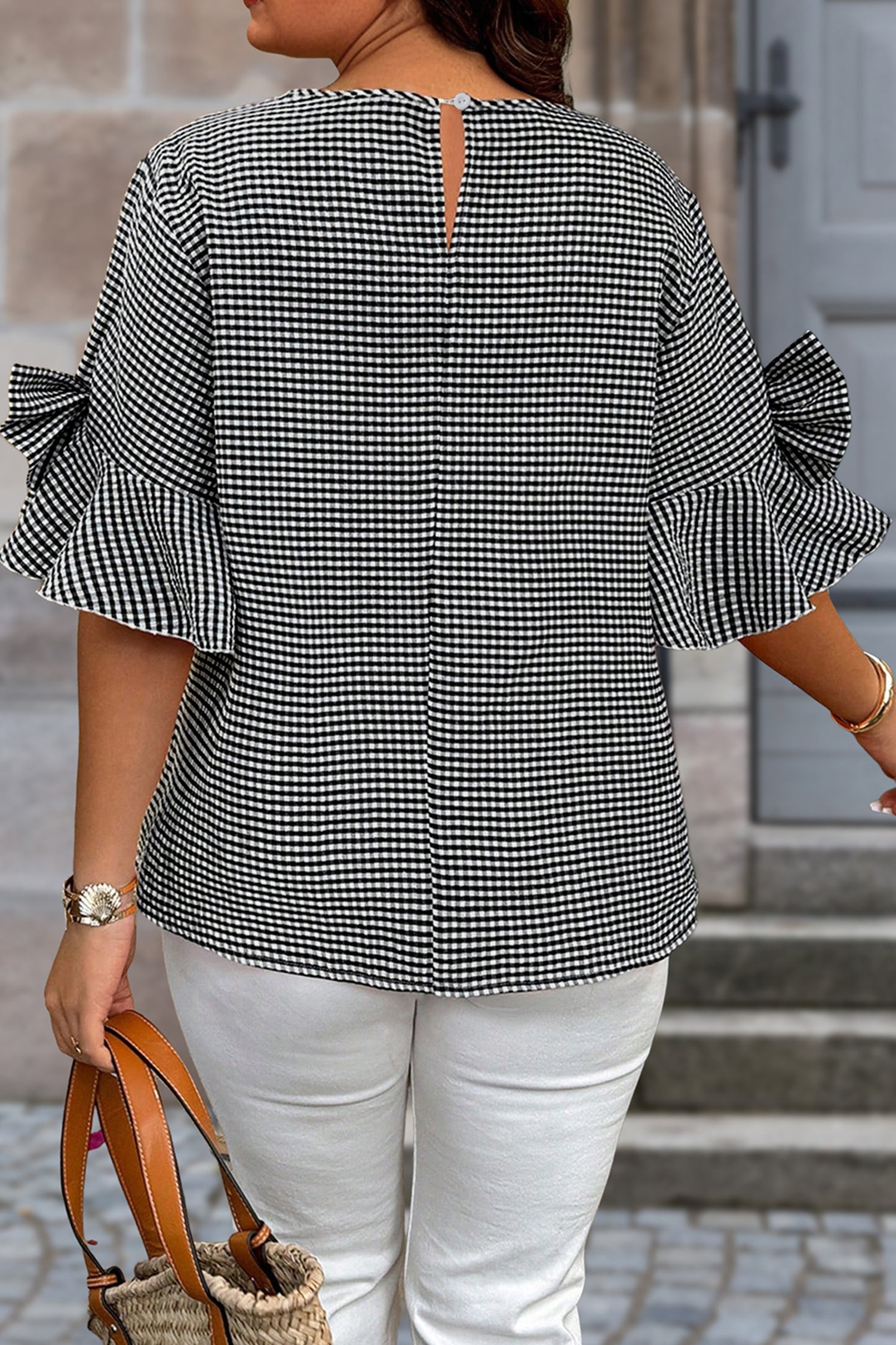 Black Plus Size Plaid Bow Decor Bell Sleeve Round Neck Pull Over