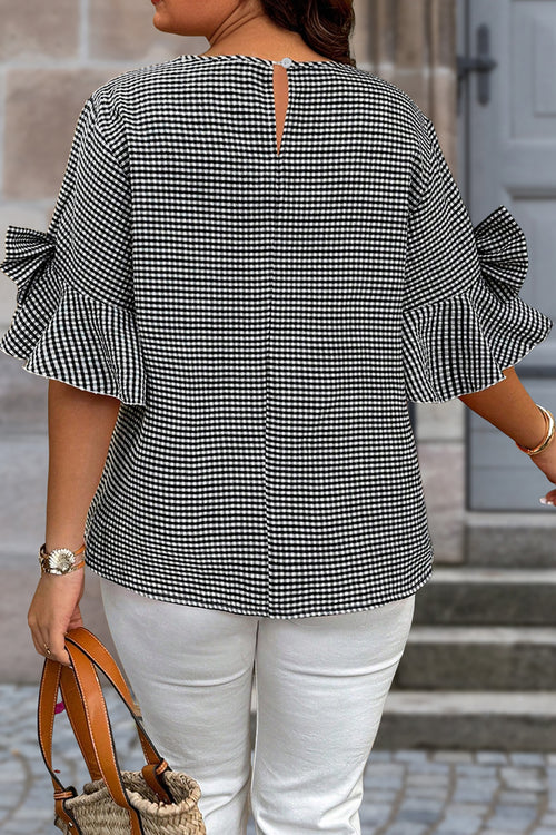 Black Plus Size Plaid Bow Decor Bell Sleeve Round Neck Pull Over