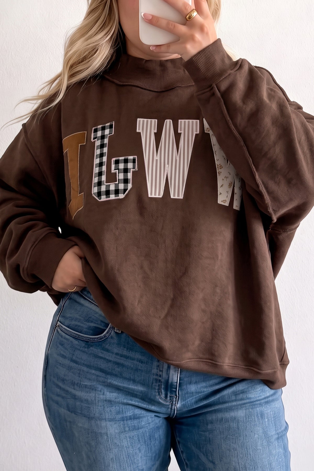 Gray WWJD Applique Exposed Seam Drop Shoulder Sweatshirt