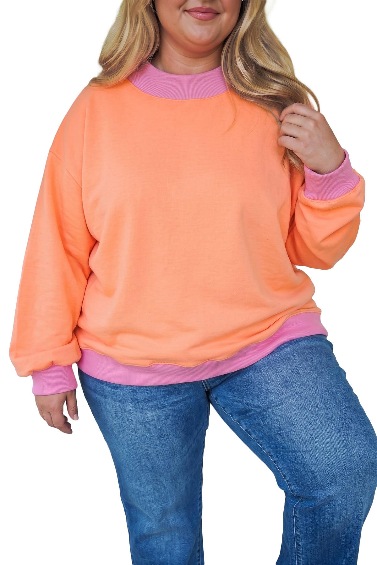 Pink Red Contrast Trim Plus Size Sweatshirt