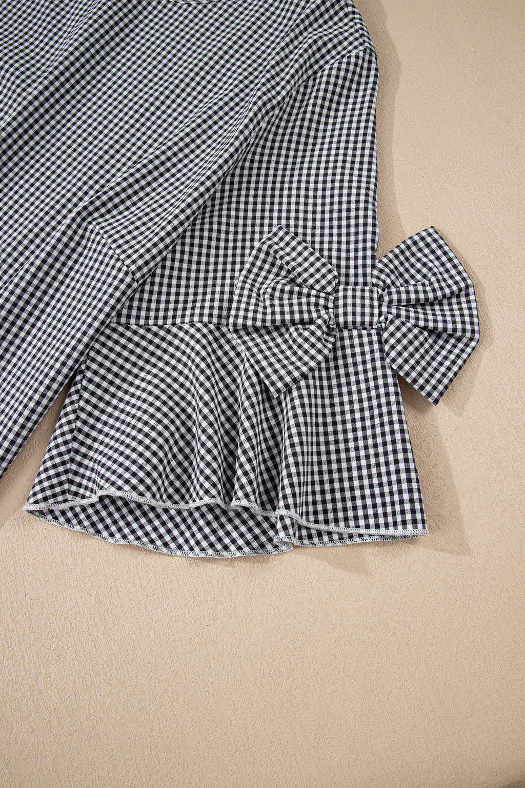 Black Plus Size Plaid Bow Decor Bell Sleeve Round Neck Pull Over