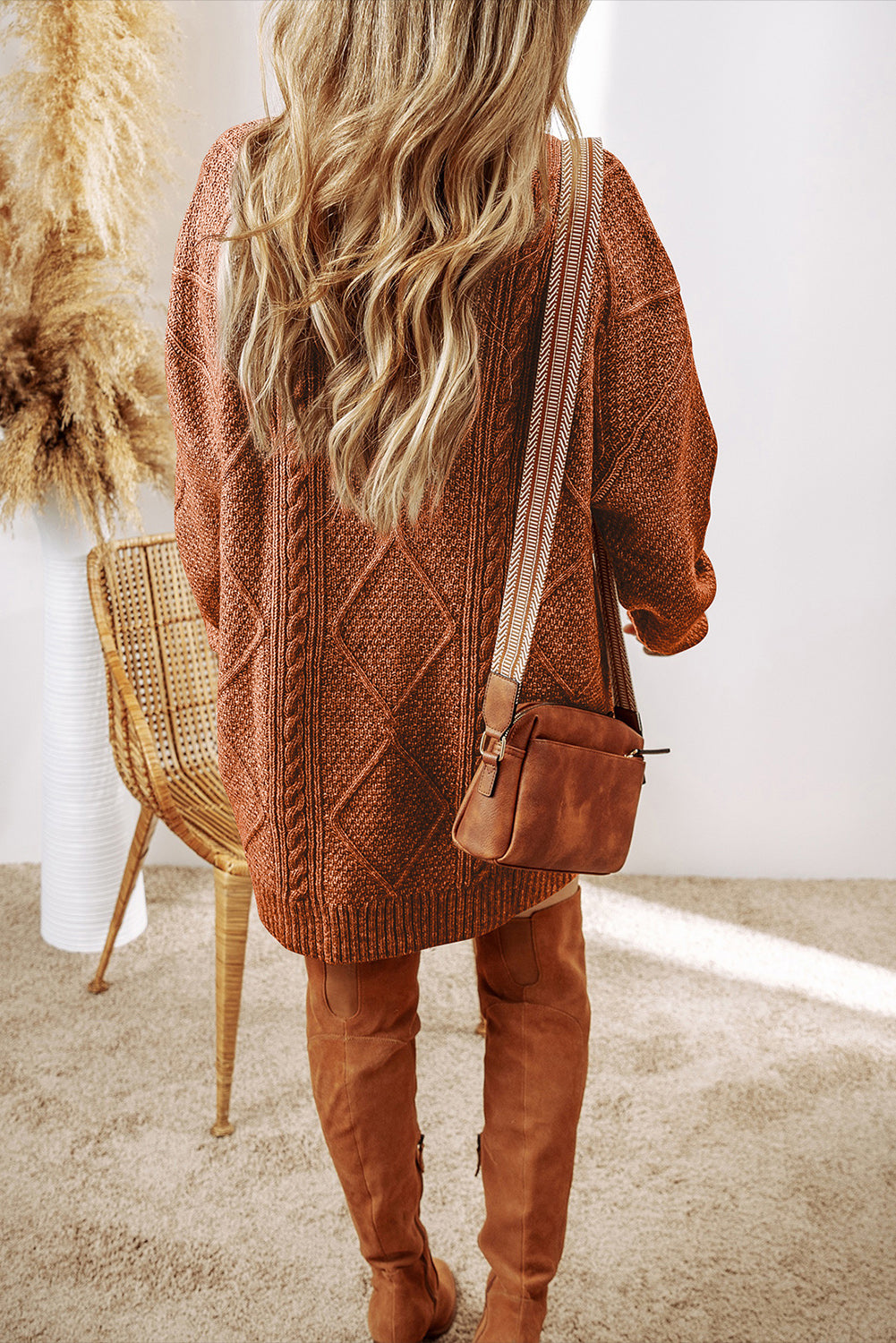 Burgundy Cable Knit Drop Shoulder Loose Fit Sweater Dress