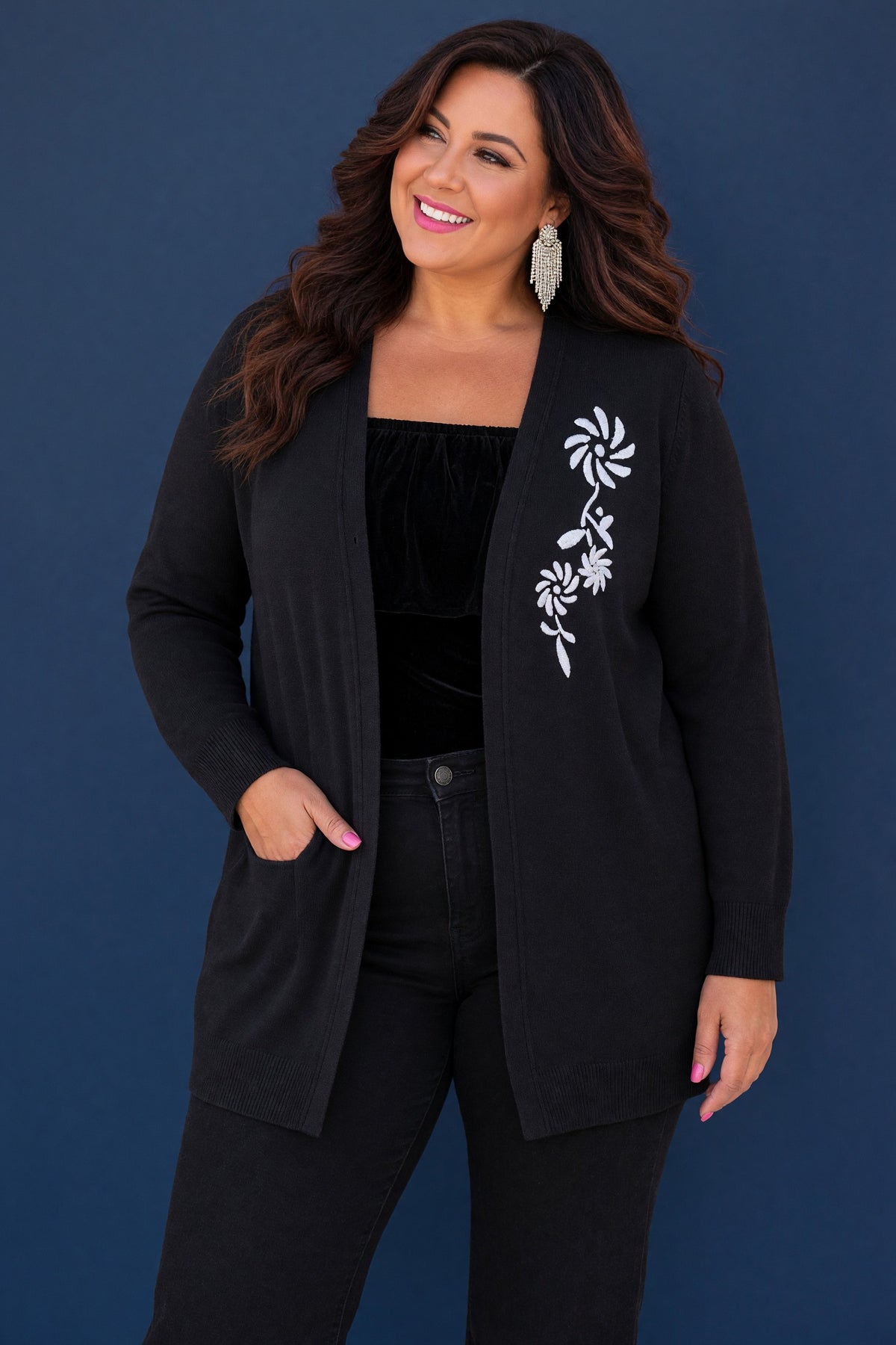 Kempson Shawl Sweater Embroidered Flower