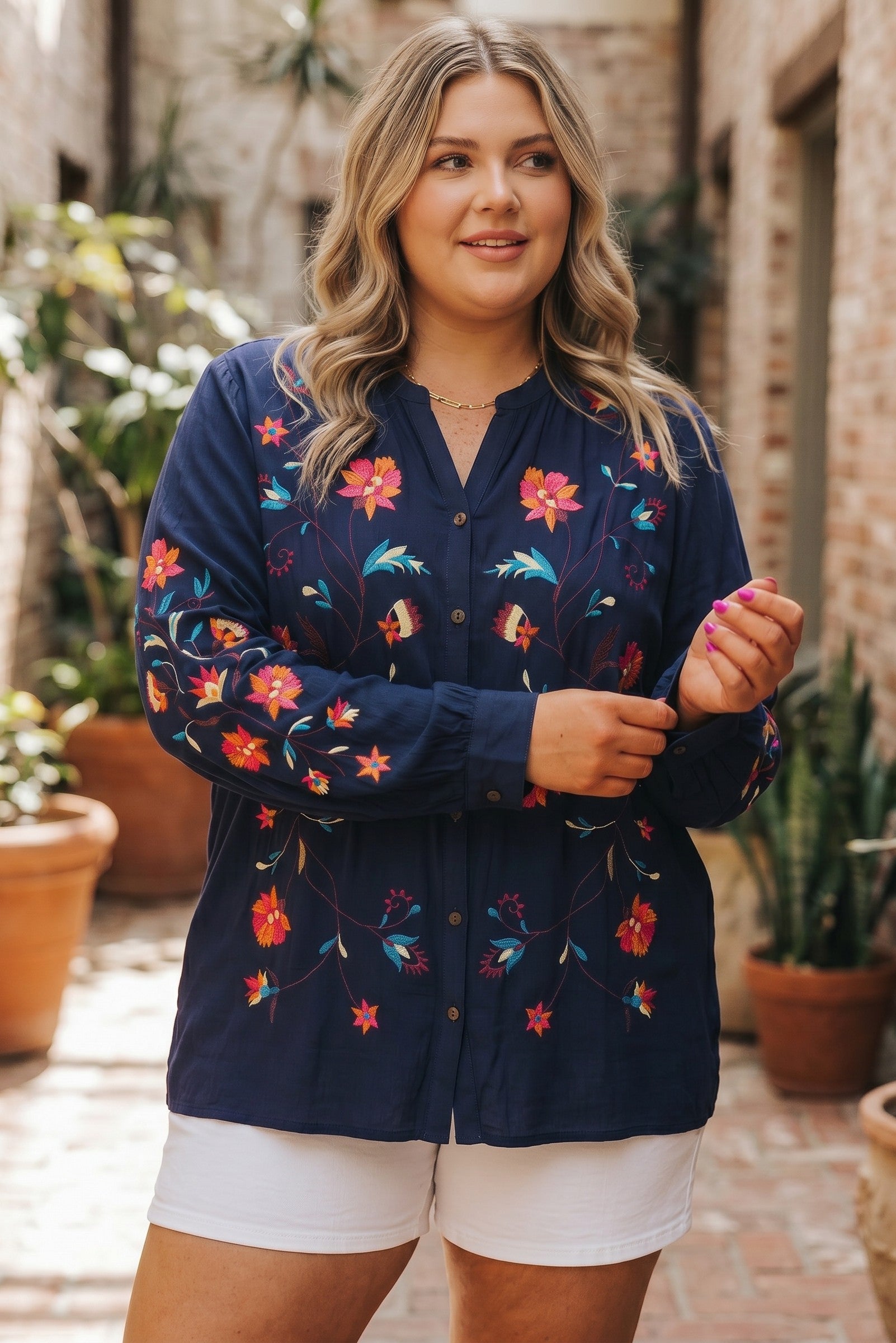 Soft Surroundings Navy Blue Embroidered and Paisley Long Sleeve Summer Shirt