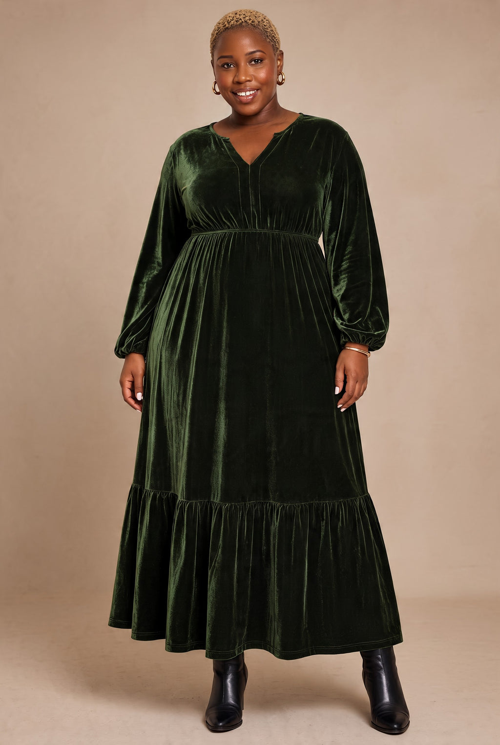Blackish Green V Neck Long Sleeve Velvet Loose Fit Plus Size Dress