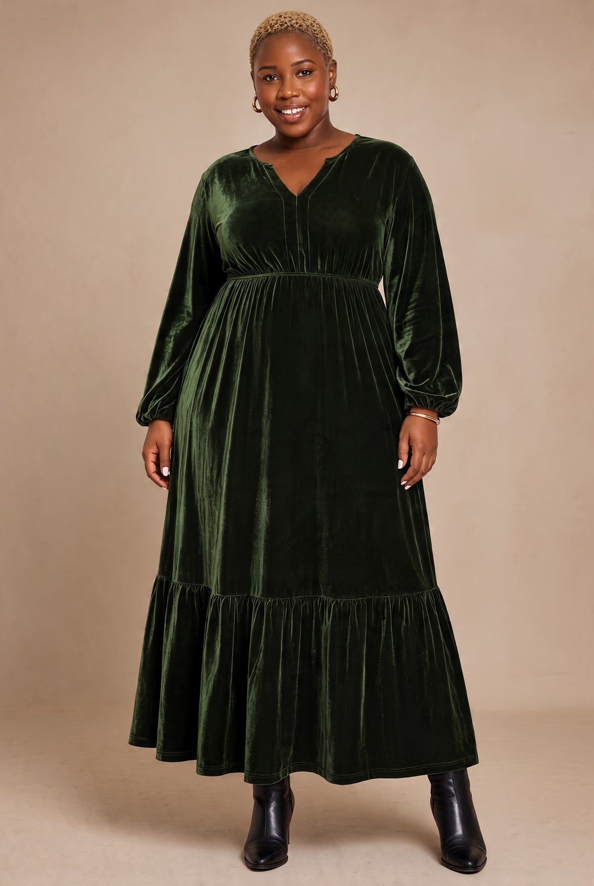 Blackish Green V Neck Long Sleeve Velvet Loose Fit Plus Size Dress