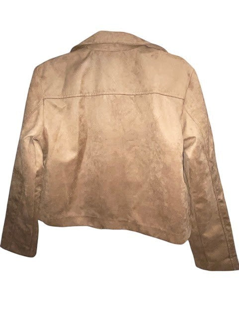 Divided at Somethinguluv3 tan faux suede cropped jacket with a structured collar, back view showing smooth texture and seams.