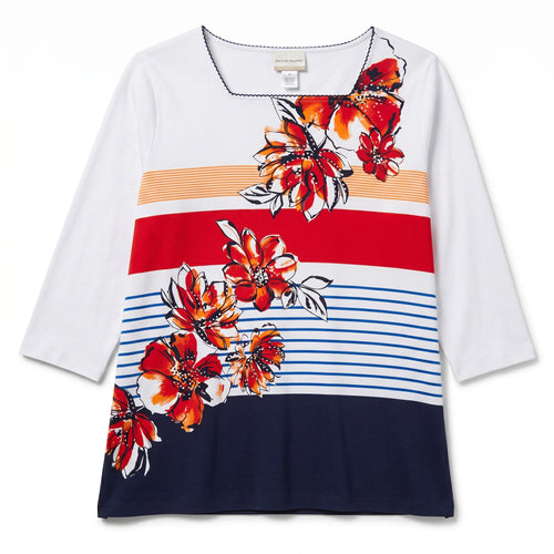 Alfred Dunner Half Sleeve Red White Blue Orange Floral Sache TShirt