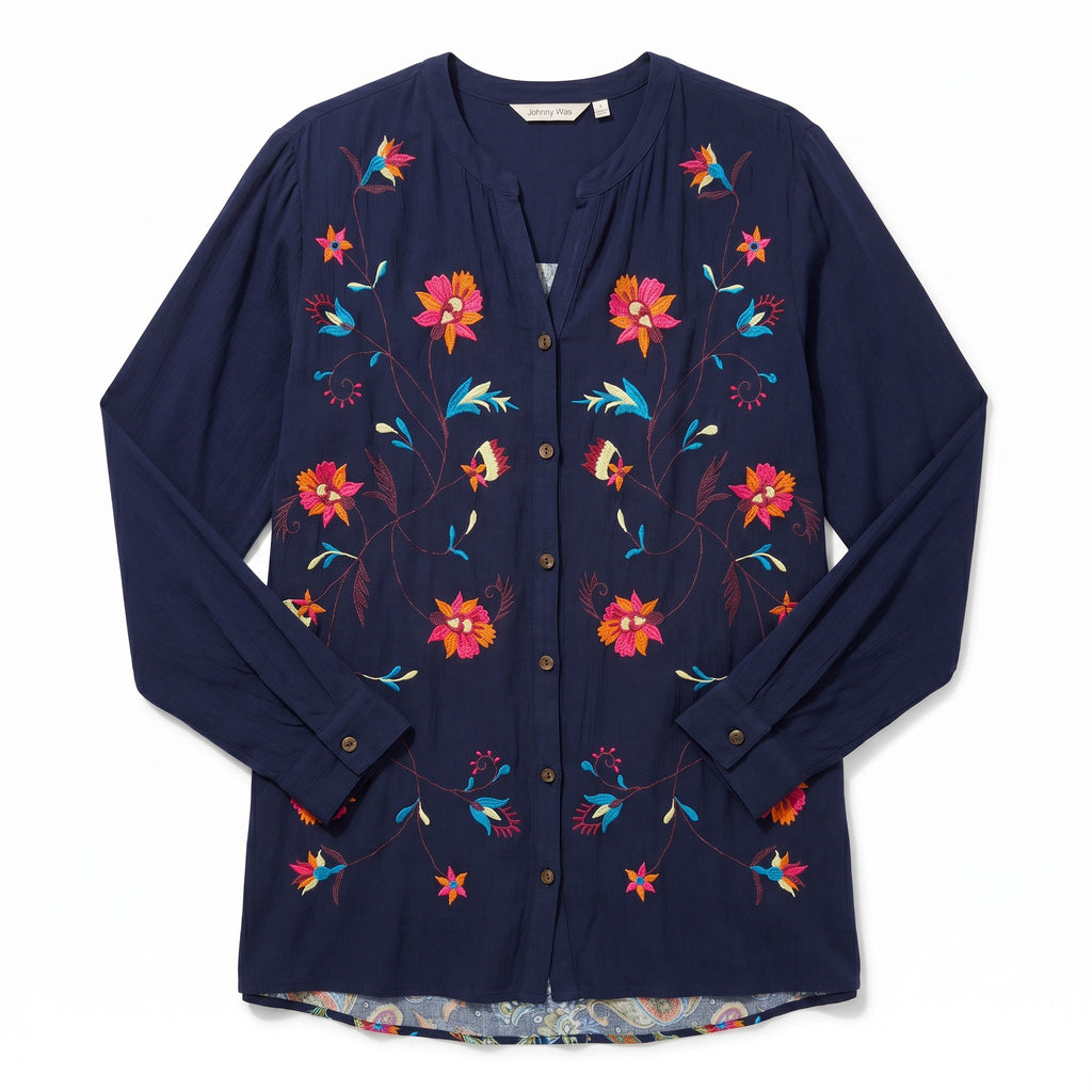 Soft Surroundings Navy Blue Embroidered and Paisley Long Sleeve Summer Shirt