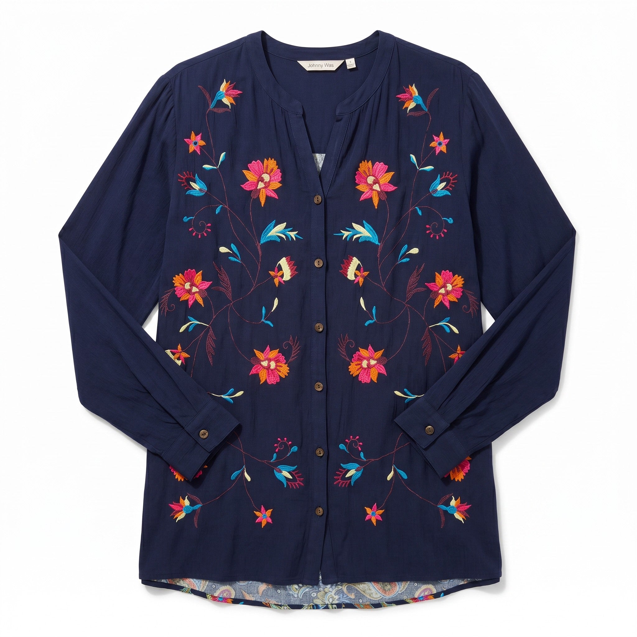 Soft Surroundings Navy Blue Embroidered and Paisley Long Sleeve Summer Shirt