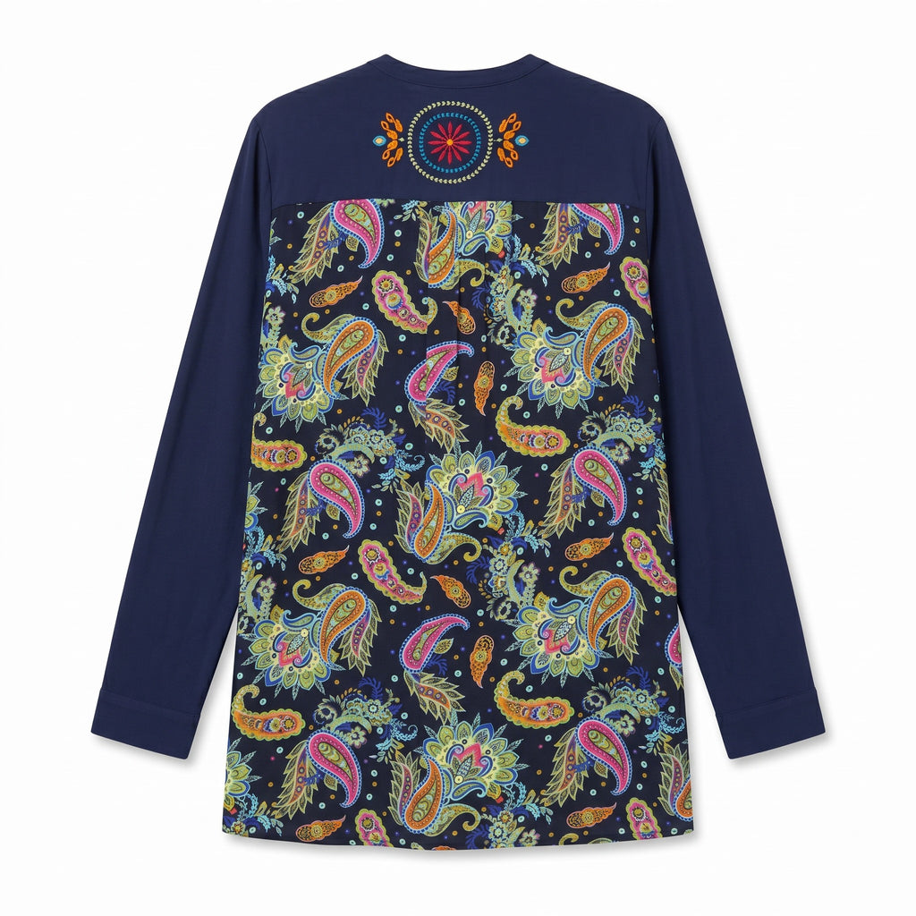 Soft Surroundings Navy Blue Embroidered and Paisley Long Sleeve Summer Shirt