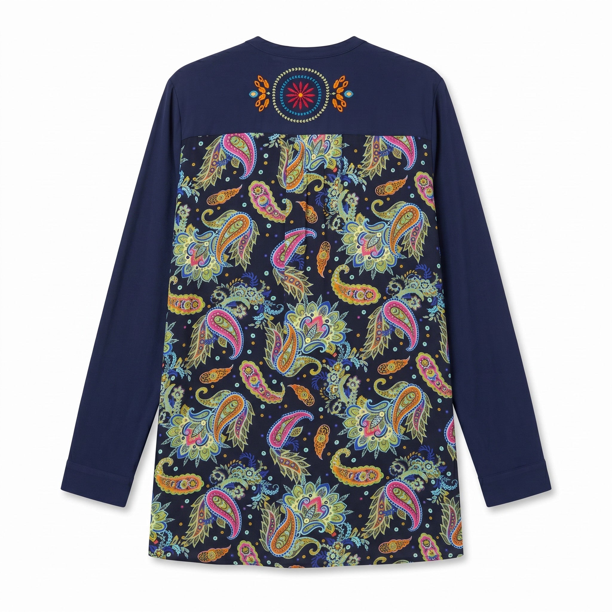 Soft Surroundings Navy Blue Embroidered and Paisley Long Sleeve Summer Shirt