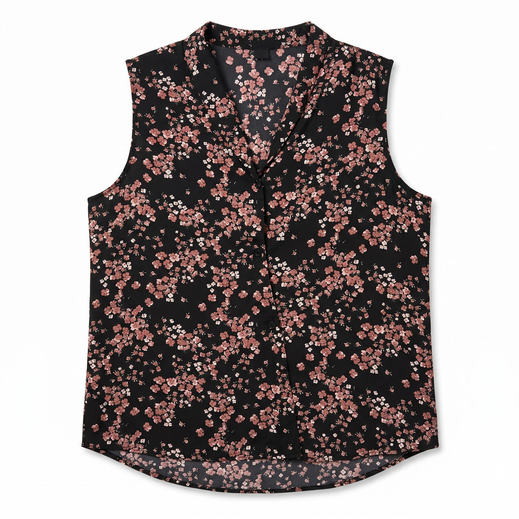 Sleeveless Floral Assymetrical Button Pullover Blouse