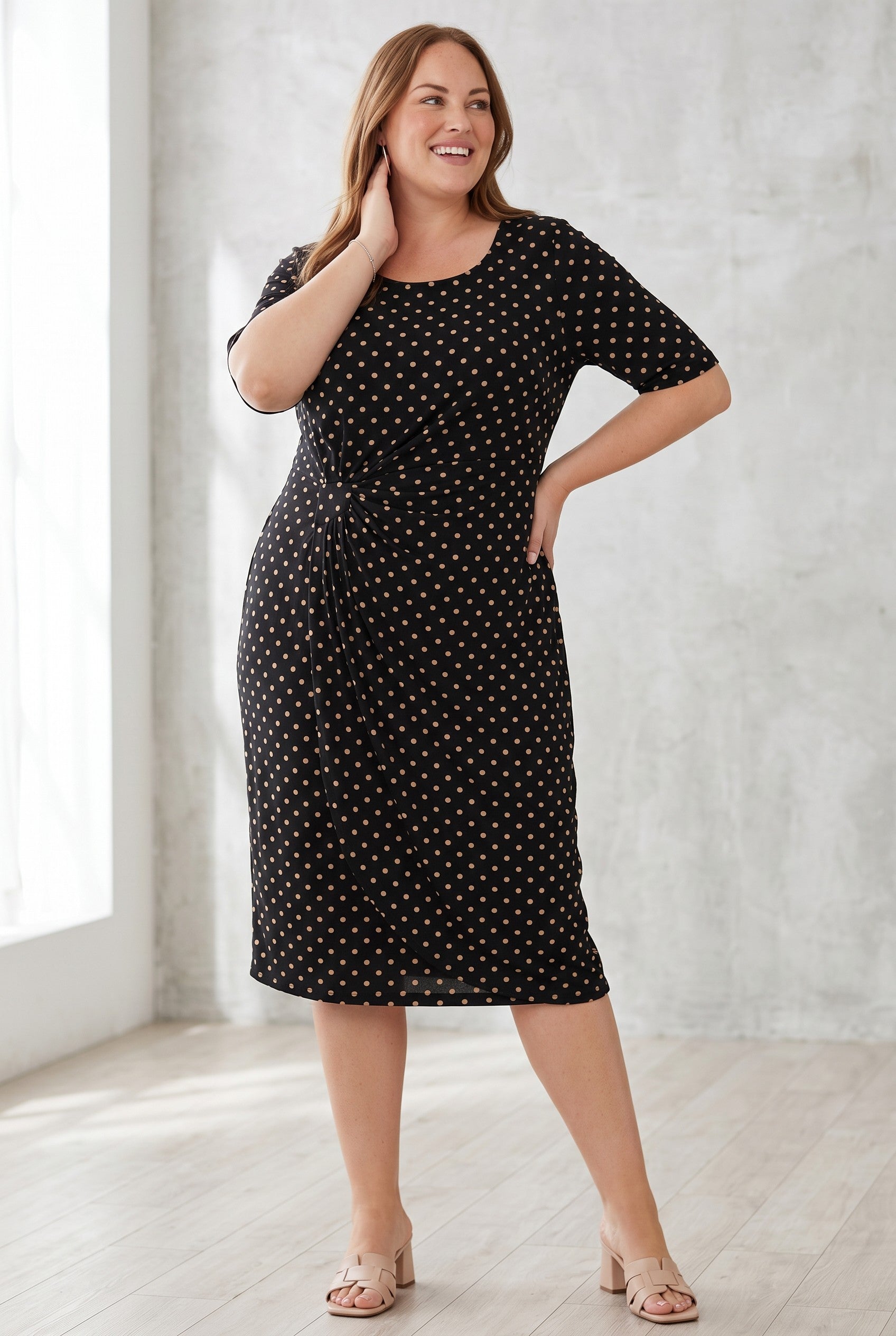 Connected Woman Black and Taupe Faux Wrap Dress