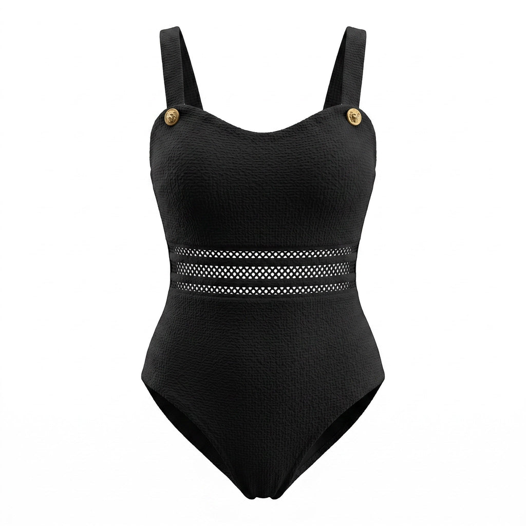 Black Popcorn Texture Cutout Swim Suit