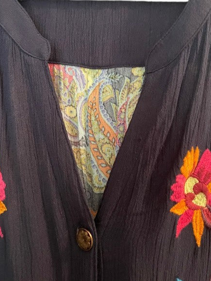 Soft Surroundings Navy Blue Embroidered and Paisley Long Sleeve Summer Shirt