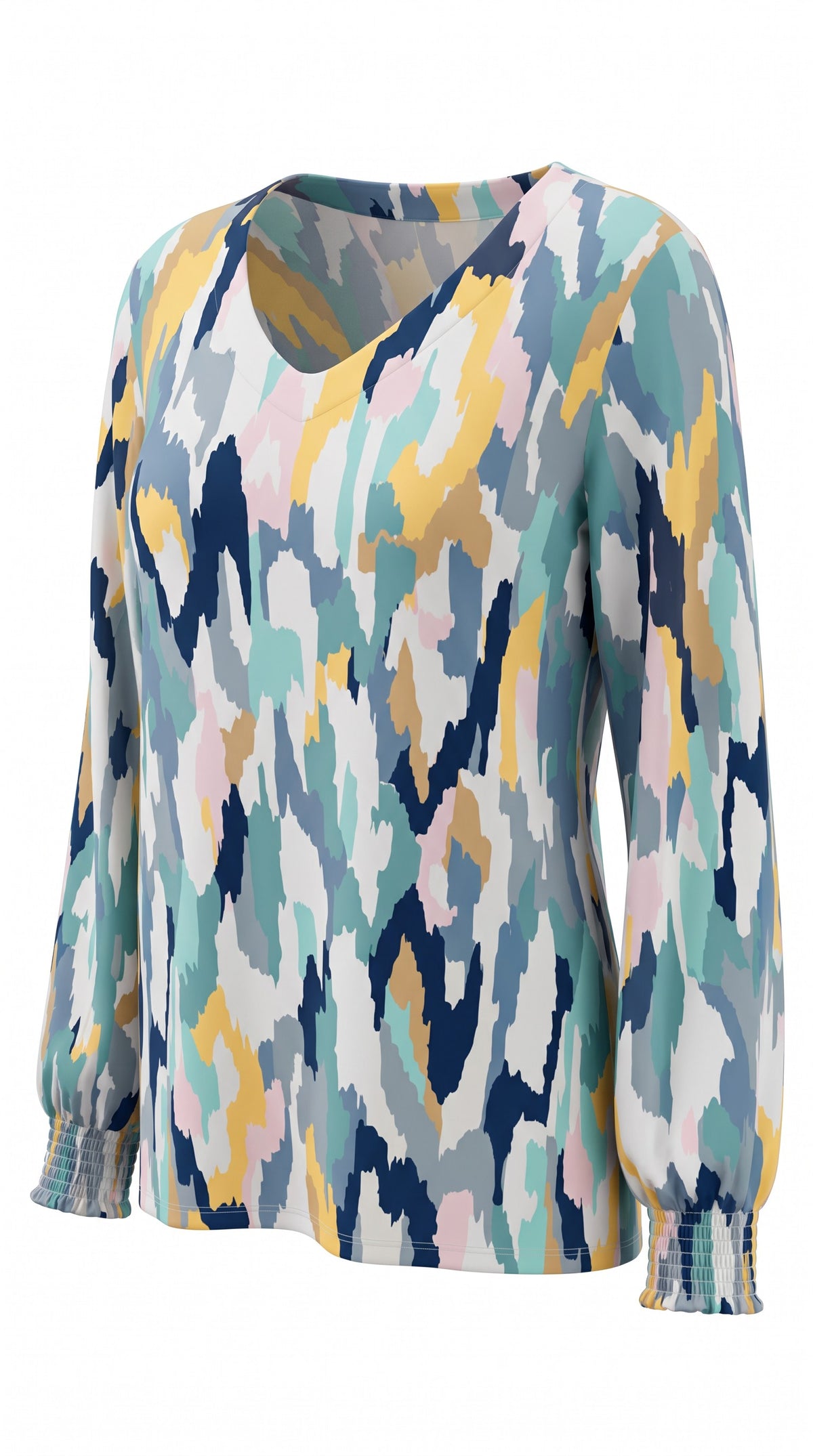 Kim Gravel Belle multi-color abstract print long sleeve top with V-neck and smocked cuffs in rayon viscose and spandex blend.
