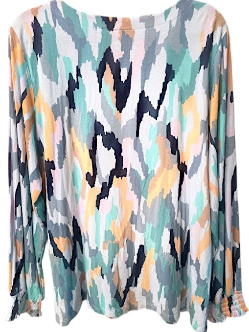 Belle by Kim Gravel multi-color abstract print long sleeve top featuring 93% rayon and 7% spandex blend.