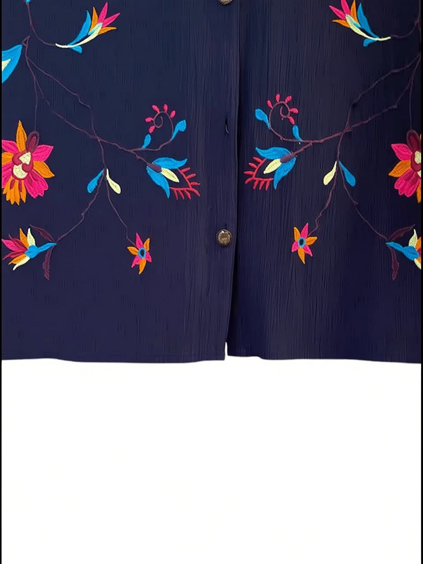 Soft Surroundings Navy Blue Embroidered and Paisley Long Sleeve Summer Shirt