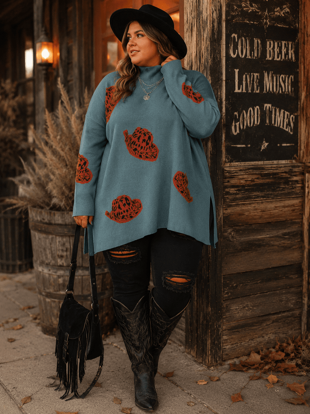 Leopard Cowgirl Mockneck Sweater Plus Sizes