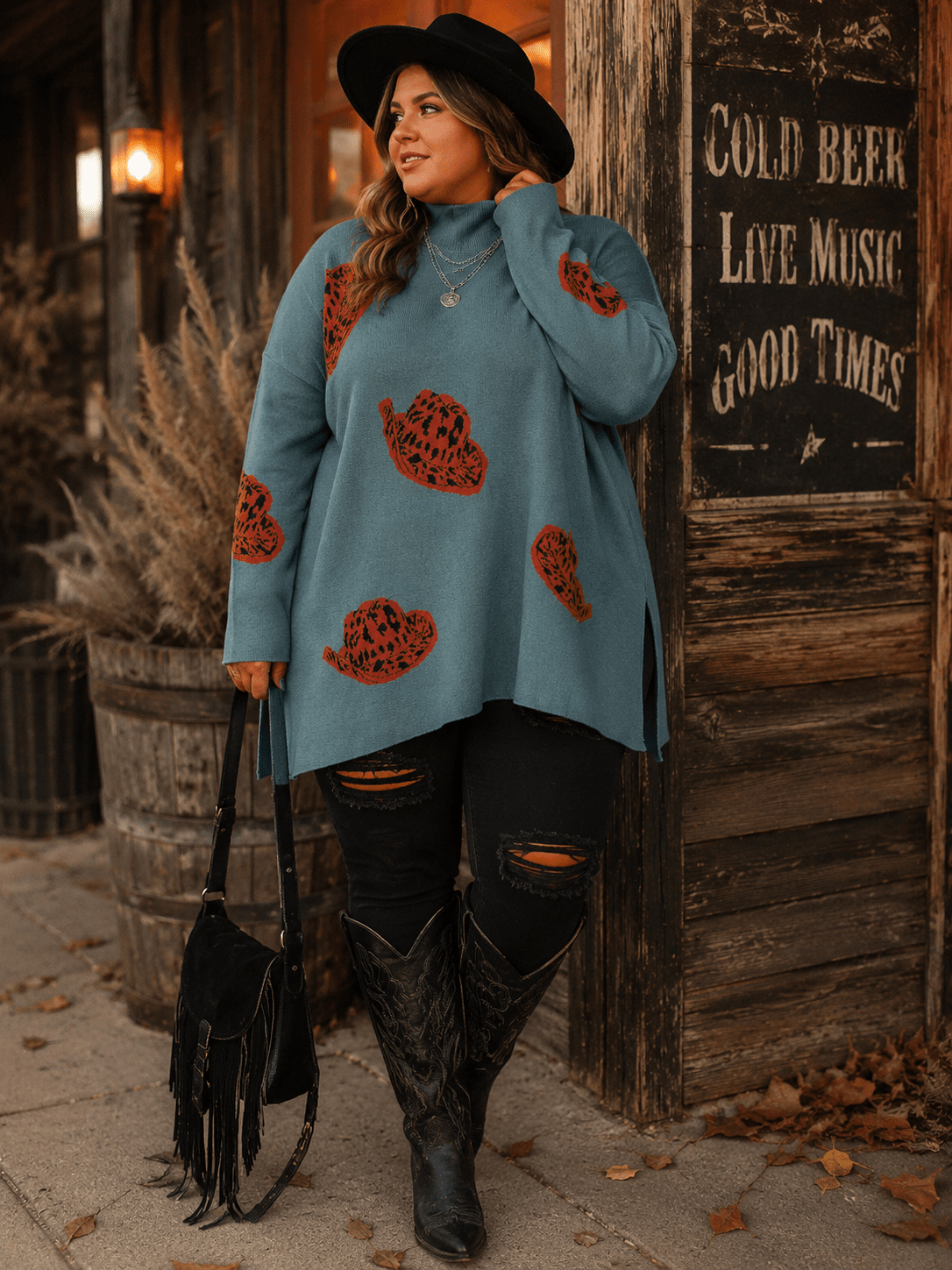 Leopard Cowgirl Mockneck Sweater Plus Sizes