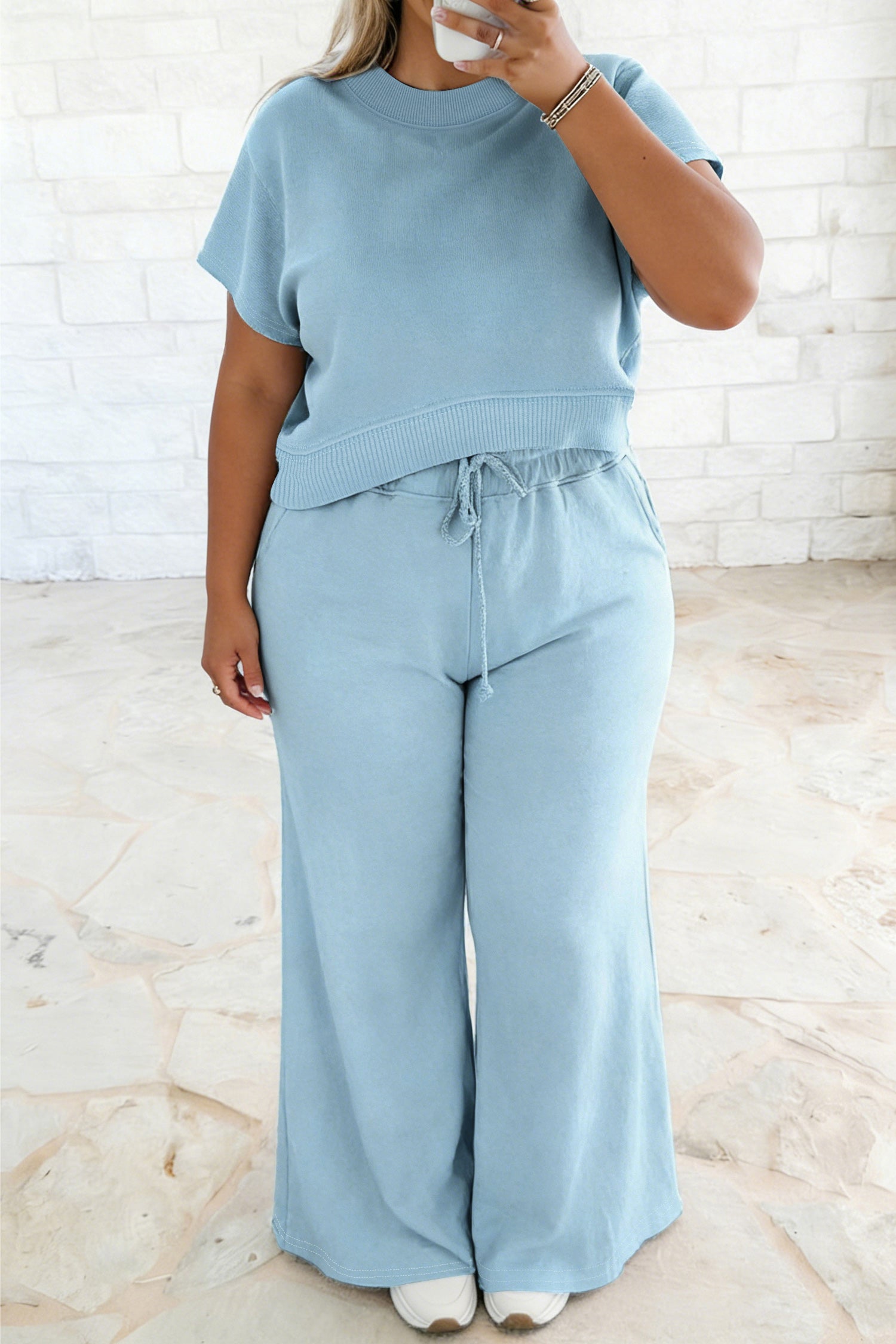 Blue Mist Ribbed Waist Top /Pull On Lounge Set