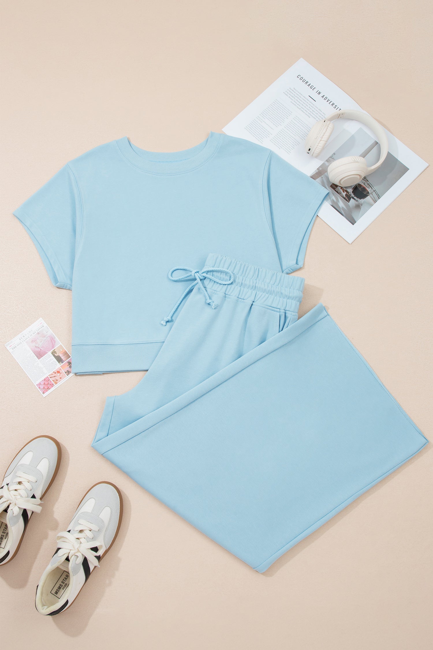 Blue Mist Ribbed Waist Top /Pull On Lounge Set
