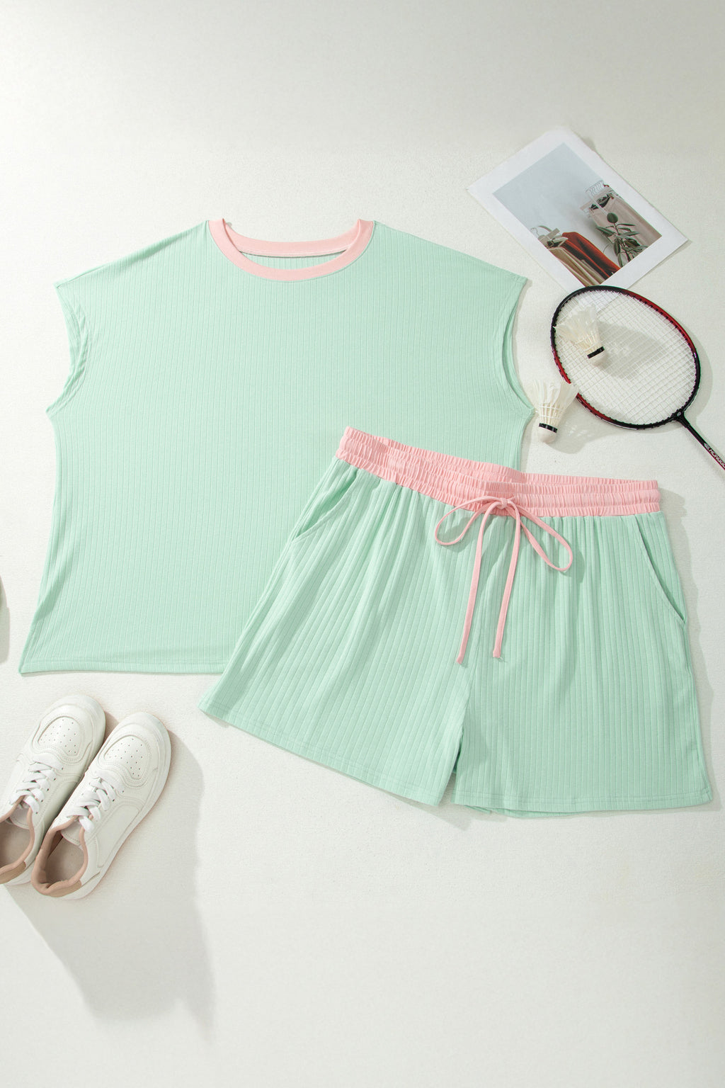 Somethinguluv Aqua and Pink Ribbed Knit Short Set
