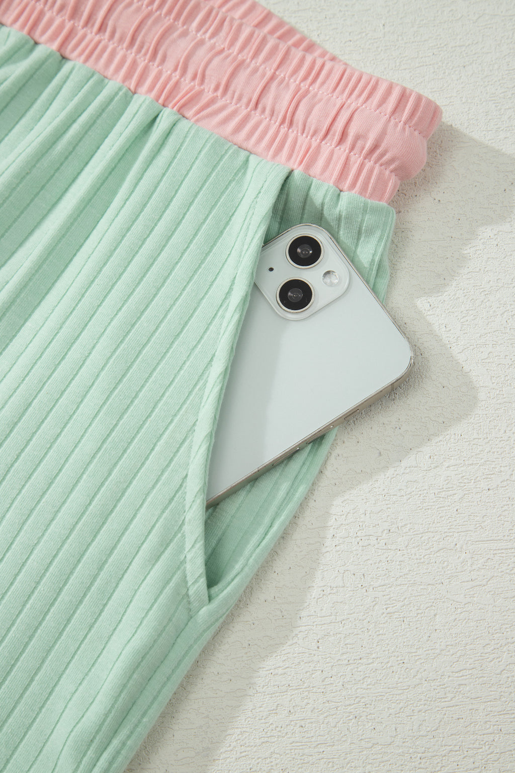 Somethinguluv Aqua and Pink Ribbed Knit Short Set