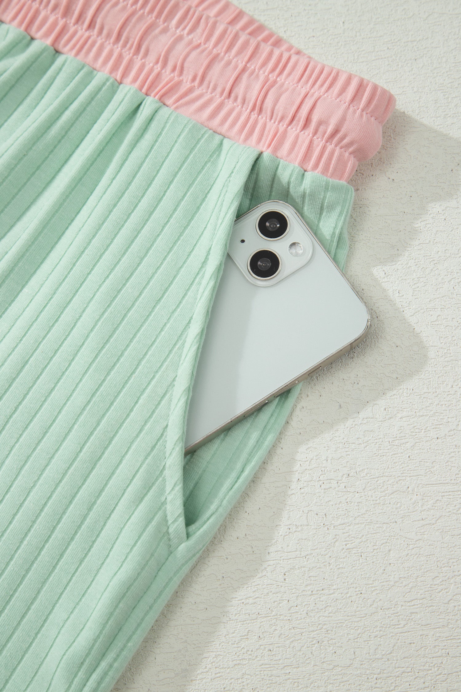 Somethinguluv Aqua and Pink Ribbed Knit Short Set