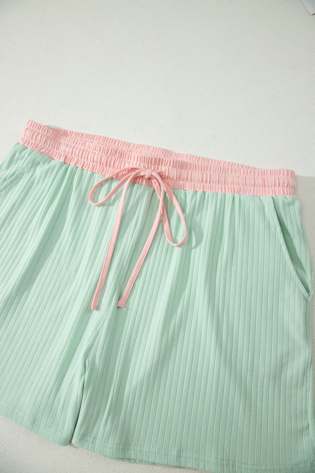 Somethinguluv Aqua and Pink Ribbed Knit Short Set