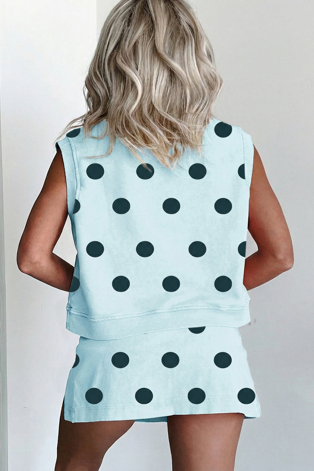 White Ribbed Trim Polka Dot Print Tank Split Mini Skort 2pcs Set