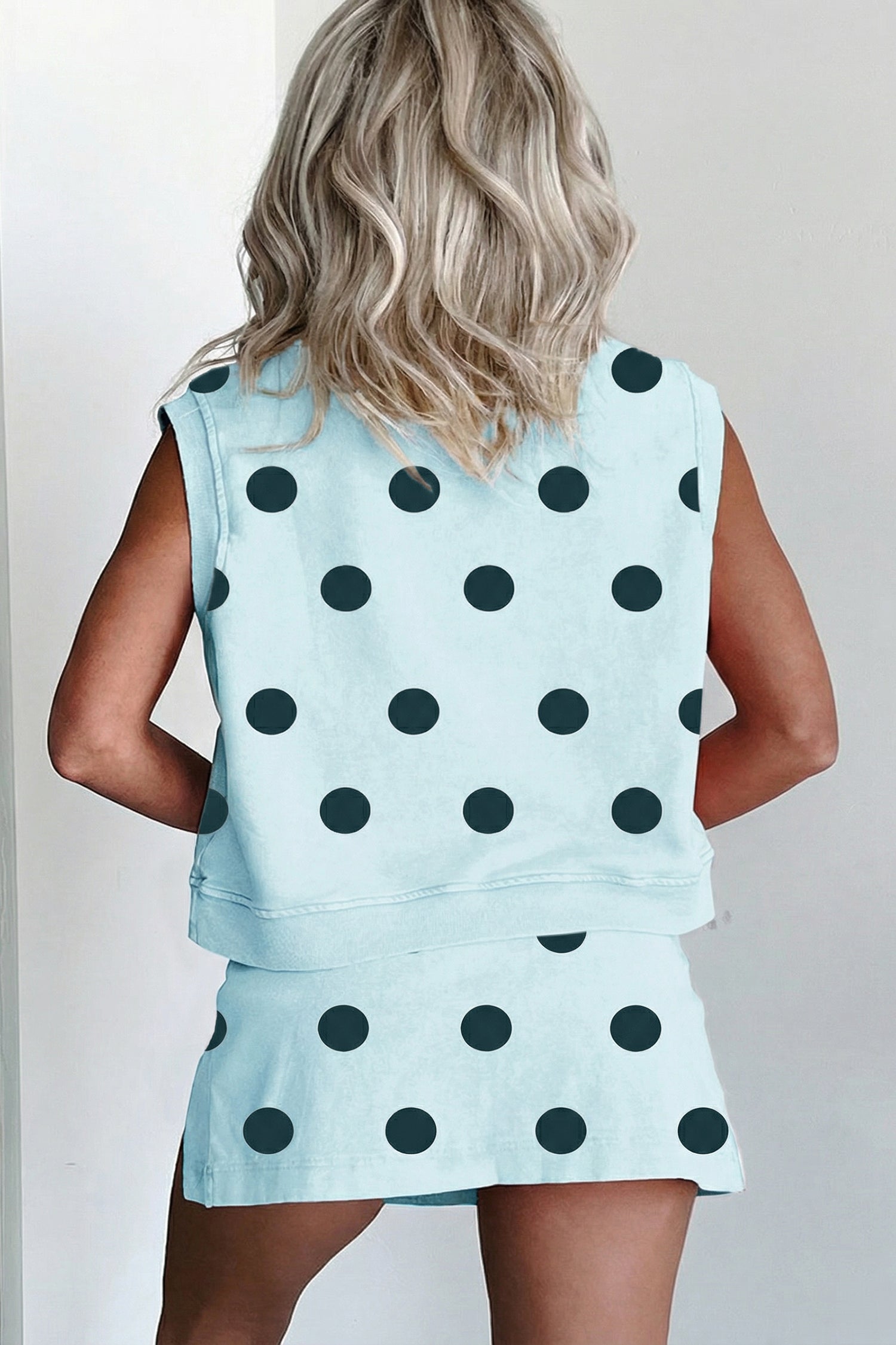 White Ribbed Trim Polka Dot Print Tank Split Mini Skort 2pcs Set