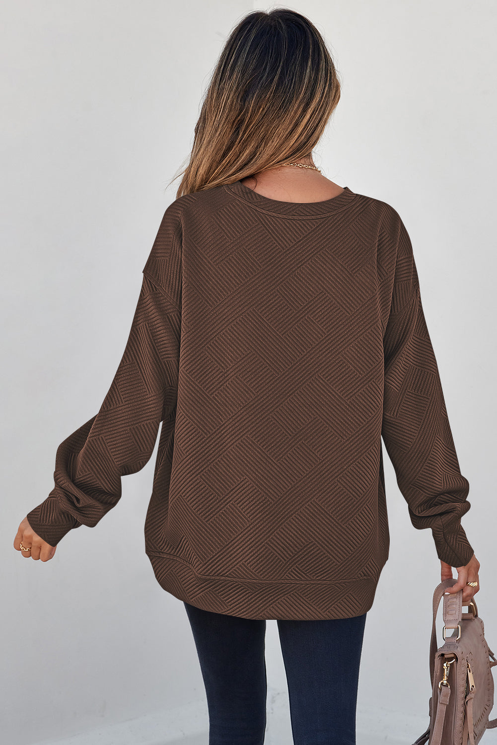 Coffee Solid Color Textured Round Neck Drop Shoulder Pullover Sweatshirt