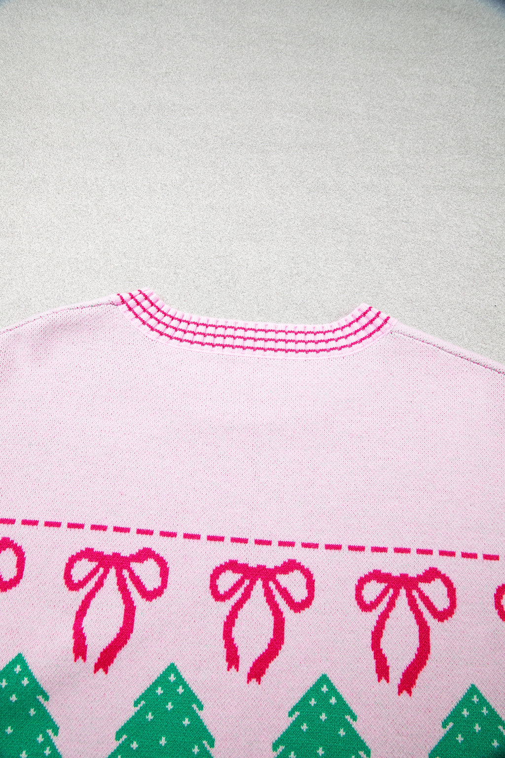 Pink Festive Holiday Print Round Neck Loose Sweater