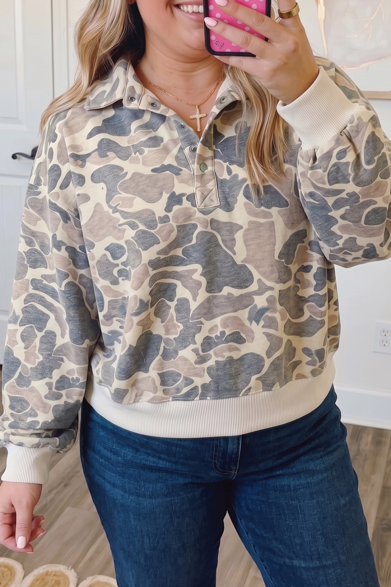 Multicolour Casual Camo V-Neck Buttoned Sweatshirt